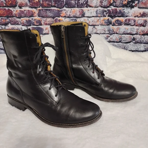 Frye Melissa Short Lace/Zip Up Black Leather Boot Sz 9 Womens  OBO - Picture 2 of 12